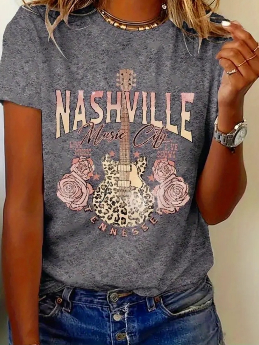 Nashville Music City Graphic Tee - Gray with Pink Accents